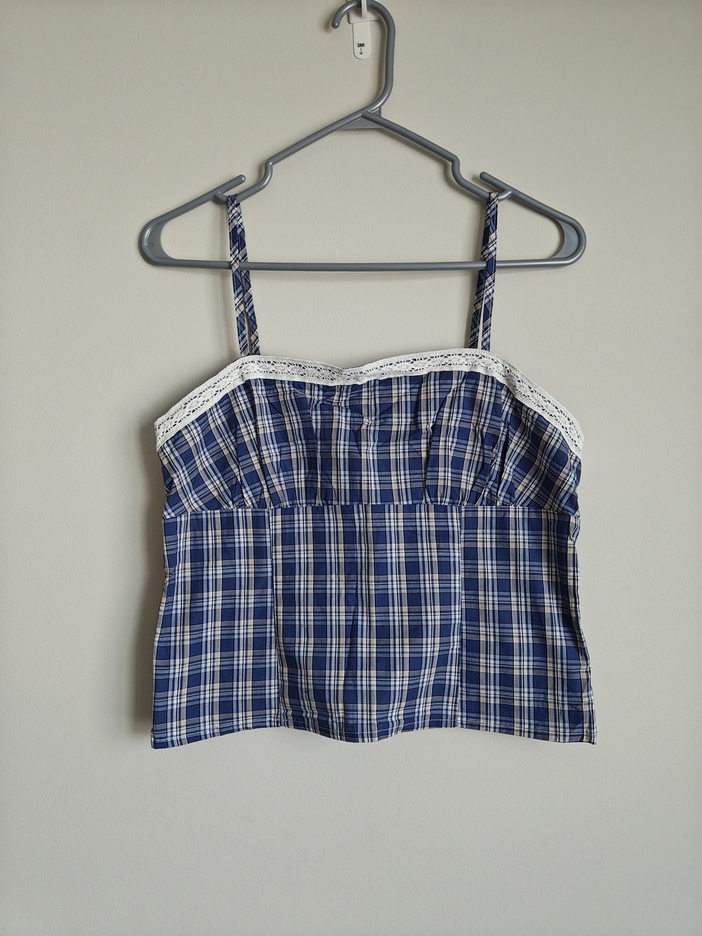 Blue Plaid Spaghetti-Strap Top with Lace Trim - Picture 2 of 6